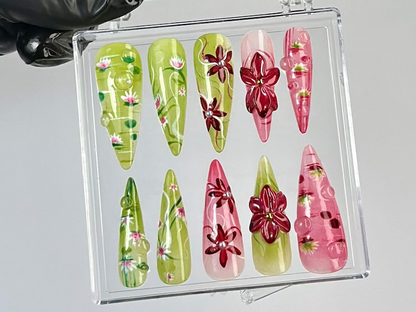 Water Lily & Lotus Press On Nails | Nature-Inspired Fake nails | Glossy Botanical Nail Art | Artistic Floral Press Ons |Luxury Nails|HB785YC