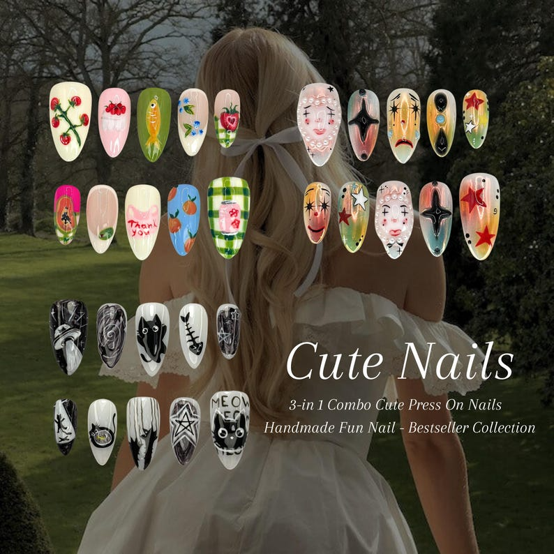 Combo Cute Press On Nails | Handmade Fun Nail Art | Mixed Cute Designs | Gift for Nail Lovers | Bestseller Nail | Cute Collection | JB997H