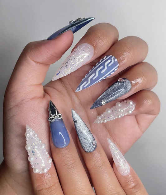 Frosted Winter Elegance Christmas Nails | Icy Blue Chrome Nail Art | Pearl Snowflake Design | Winter Wonderland Nails | Luxury Nail|HB1199HK