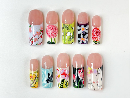 Handmade Vintage Botanical Press On Nails, Japanese Floral Garden Fake Nails, Unique Retro Flower Pattern Nails for Special Events | JB305HK