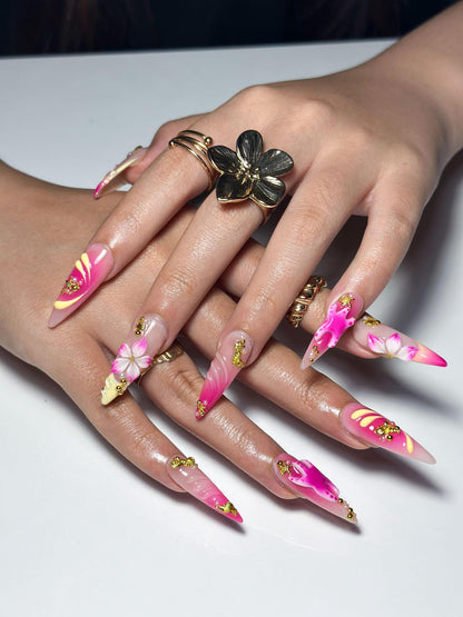 3D Starfish Hibiscus Press On Nails | Neon Pink Yellow Ombre Tropical Summer Fingernails | OB1329IK
