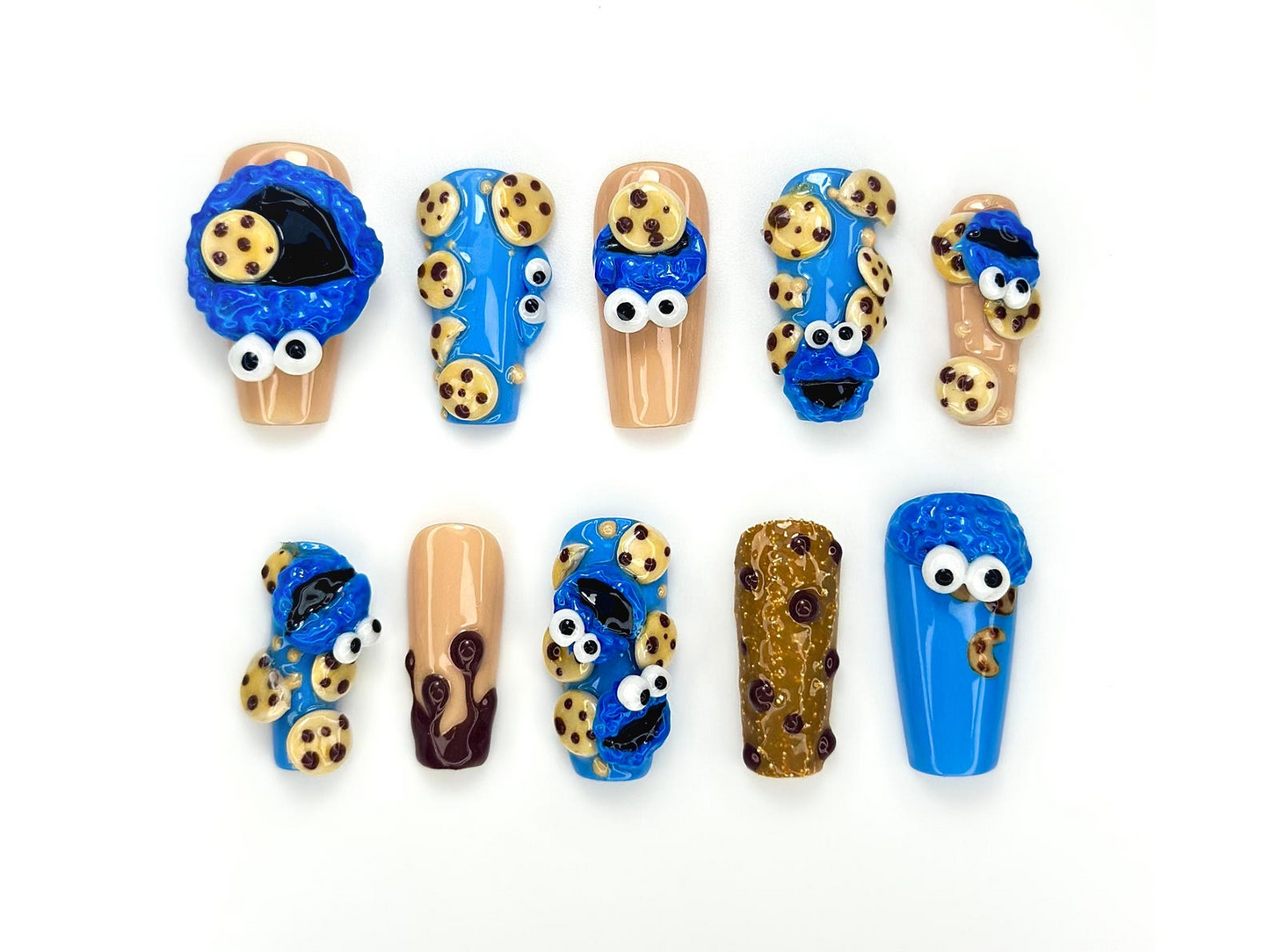 Cookie Monster Press On Nails | 3D Cookie & Monster Nail Art | Funny Blue Cartoon Nail Set | Handmade Pop Culture Nails | HB1048EC