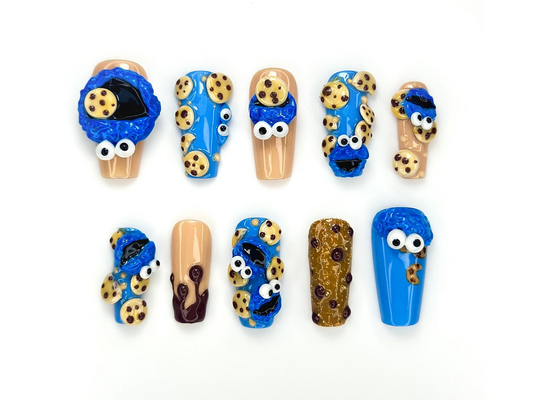 Cookie Monster Press On Nails | 3D Cookie & Monster Nail Art | Funny Blue Cartoon Nail Set | Handmade Pop Culture Nails | HB1048EC