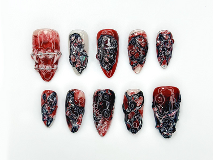 Gothic Blood Veil Press On Nails | 3D Dark Red & Black Texture Nail Art |Horror-Inspired Abstract Nails | Handmade Grunge Press Ons |JB988EC