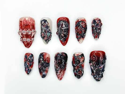 Gothic Blood Veil Press On Nails | 3D Dark Red & Black Texture Nail Art |Horror-Inspired Abstract Nails | Handmade Grunge Press Ons |JB988EC
