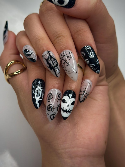 Gothic Skull Halloween Press On Nails | Black & White Creepy Nail Art | Halloween Horror Inspired | Unique Gothic Nail Set| JB150HC