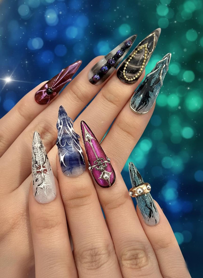 Artistic Gothic Press On Nails | Dark Marble Abstract Nails | Handmade Stiletto Nail Art | HB1268GC