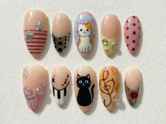 Cute Cat & Music Press On Nails for Cute Girls | Handmade Pastel Polka Dot Fake Nails | Silver Star Art Nail Set | JB285E