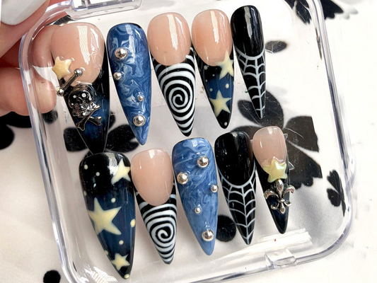 Galaxy-Inspired Press On Nails with Abstract Twists| Starry Night Dreams Nails Set: Unique Mirror Finish Press On Nails| Gift for her | HB01