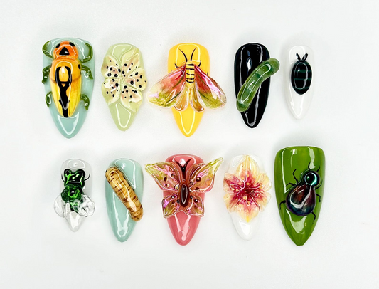 Insect Garden Fantasy Press On Nails | 3D Bug & Butterfly Nail Art | Botanical Nature Nails | Handpainted Cicada Bee Beetle Design | JB922EK