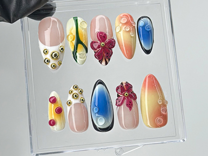 Chic Summer Press-On Nails | Bright Gradient & Floral On Fake Nails | Luxury Gold Studs Nail Charms | 3D Floral Nail Art | HB461TL