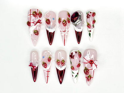 Strawberry  Press On Nails For Christmas  | 3D Strawberry & Whipped Cream Nail Art | Cute Festive Press Ons| Sweet Winter Nail Design| JC226HC