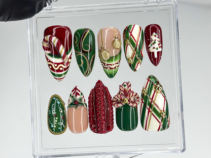 Red & Green Holiday Press On Nails For Christmas | 3D Christmas Nail Art  | Gingerbread & Bow Press Ons | HB1198HC