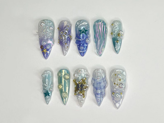 3D Tropical Beach Long Stiletto Nails | Ocean-Themed with Seaweed, Seashells, and Starfish | Handmade Press On Nails | JB328SL