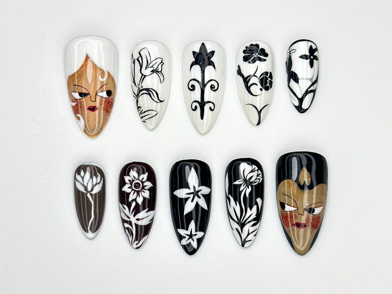 Monochrome Face Press On Nails | Black and White Nail Art | Bold Graphic Nail Set | Feminine Line Art Nails | Minimalist Face Nails |JB905HC