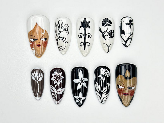 Monochrome Face Press On Nails | Black and White Nail Art | Bold Graphic Nail Set | Feminine Line Art Nails | Minimalist Face Nails |JB905HC