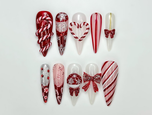 Candy Cane Christmas Press On Nails | Red White Holiday Nails | 3D Bow & Peppermint Art | Festive Winter Nail Set | JC246EC