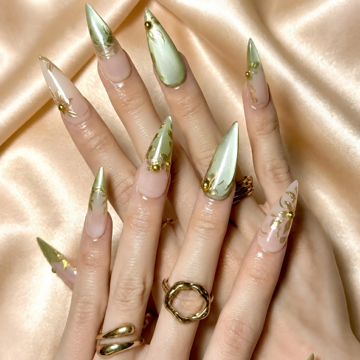 Gold Chrome Press On Nails | Sage Green Metallic Art | Elegant Nude Jelly Nails | Luxury Wedding Guest Prom | Bold Gala Statement | OB1358DG