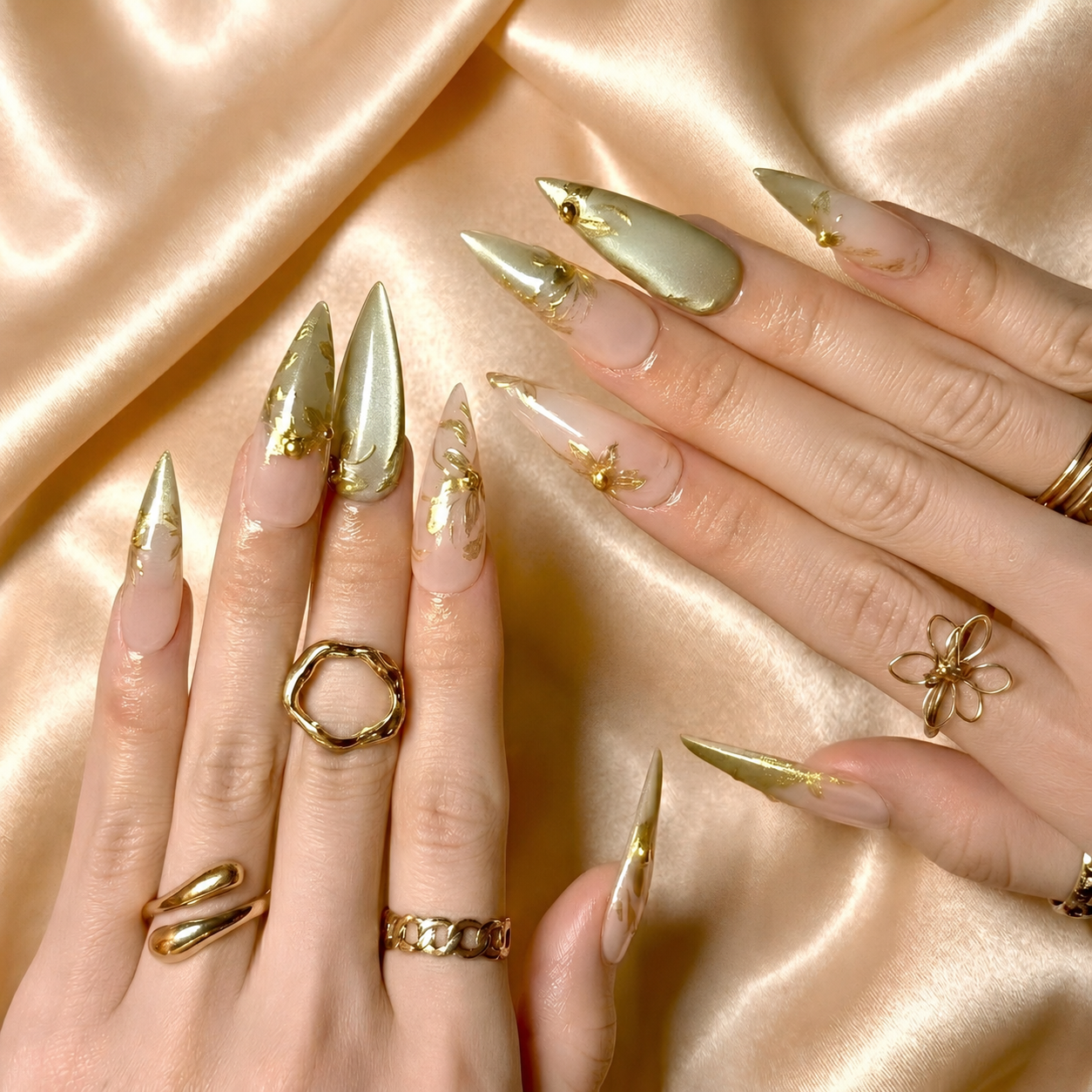 Gold Chrome Press On Nails | Sage Green Metallic Art | Elegant Nude Jelly Nails | Luxury Wedding Guest Prom | Bold Gala Statement | OB1358DG