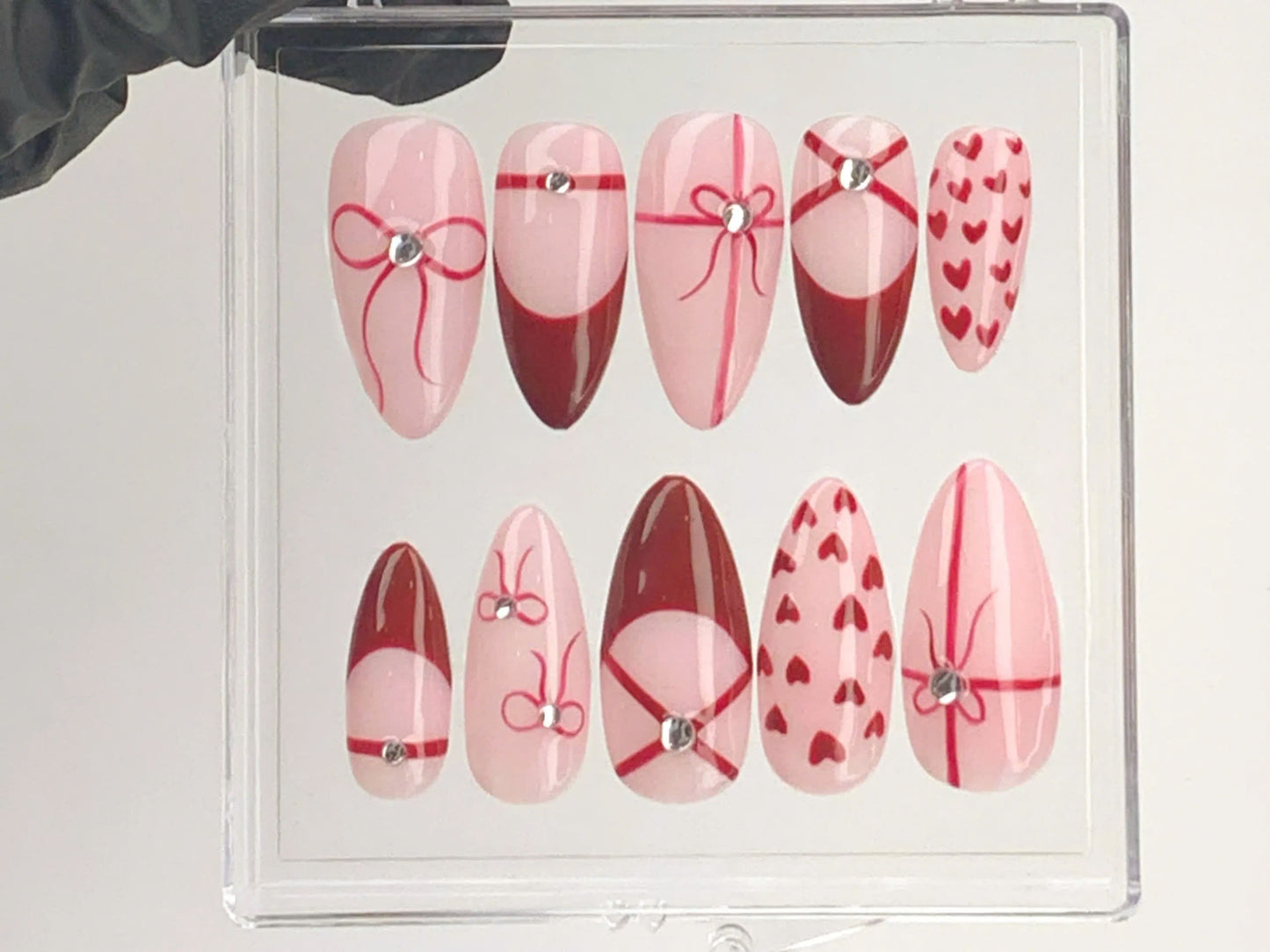 Romantic Red Bow And Heart Press On Nails | Love-Themed Acrylic Nails | Romantic Nail Design | Cute Nail Press Ons | Gift For Her | HD574Y