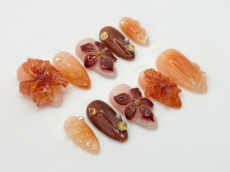 Autumn-Inspired Press On Nails | Warm Tones & Gold Accents | Handcrafted Fall Nail Art Set |3D Floral Nails | Fall Collection|JB544HC