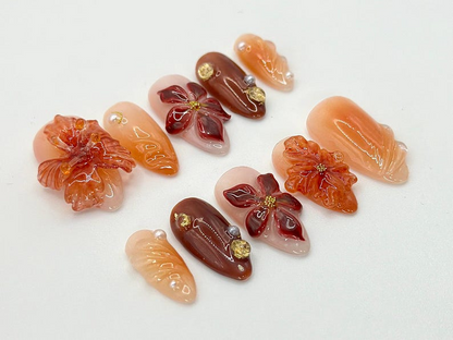 Autumn-Inspired Press On Nails | Warm Tones & Gold Accents | Handcrafted Fall Nail Art Set |3D Floral Nails | Fall Collection|JB544HC