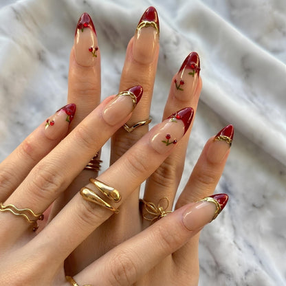 Vampy Cherry Press On Nails | Gold Swirl French Tip | Deep Red Y2K Summer | Bold Date Night Vacation | Custom Shape Handmade Set | OB1354DK