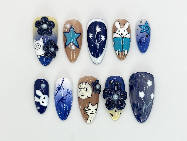 Whimsical Blue Bunny Press-On Nails | 3D Floral Bunny Nail Art | Custom Animal-Themed Blue Nails | Custom Handpainted Bunny Nails |JB657H