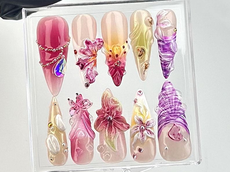 Luxurious 3D Floral Press On Nails |3D Flower Design with Gem AccentsFake Nails | Artistic Nail Art | Elegant Pink, Purple Press Ons|HB658YC