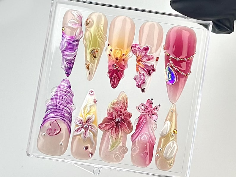 Luxurious 3D Floral Press On Nails |3D Flower Design with Gem AccentsFake Nails | Artistic Nail Art | Elegant Pink, Purple Press Ons|HB658YC