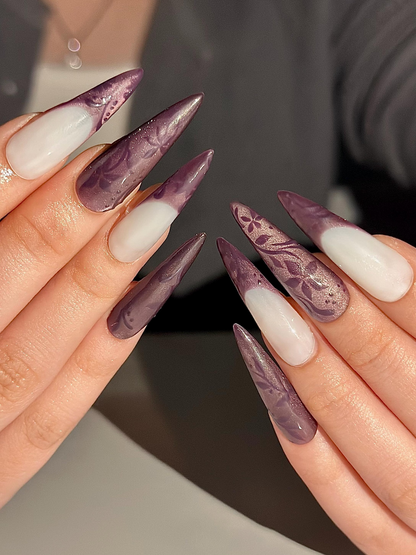 Dark Purple Cat Eye Press On Nails, Mystic Floral French Tip Nails, Ethereal Smoky Velvet Nails, Gothic Luxury Stiletto Fake Nails, HC1292HK