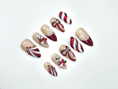 Christmas Candy Cane Press On Nails by DoryNails • Red Chrome Bow & Snowflake Nail Art • Holiday Party Nails • Gift for Her • HB1188BC