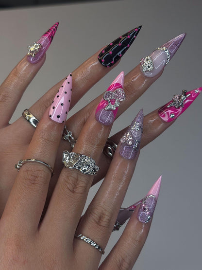 Y2K Gyaru Hello Kitty Nails | Pink Leopard & Tiger PrCyber Goth Glitter Stilettoint Press Ons | Luxury  Art| OB388IG