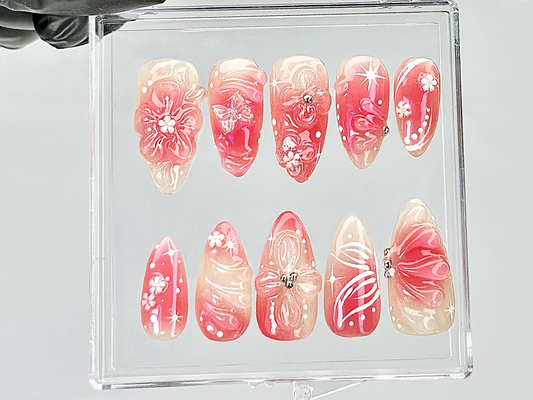 Blossom Spring Press On Nails By HudiNails |Sakura Pink Spring Fake Nails |Romantic Floral Acrylic Nails | Spring Inspired Nail Art |HB813YT