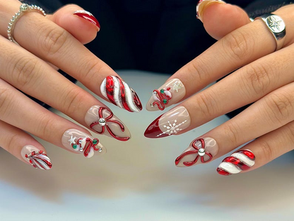 Christmas Candy Cane Press On Nails by DoryNails | Red Chrome Bow & Snowflake Nail Art | Holiday Party Nails | Gift for Her | HB1188BC