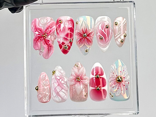 Romantic Pink Press On Nails | Soft Pink & White Ombre Press Ons | Elegant Floral Fake Nails | Luxe Pink Gradient Nail Art | Luxury |HB779YC