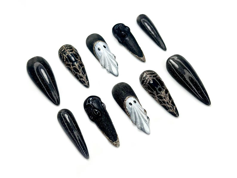 Midnight Phantom Press On Nails | Gothic Ghost Nail Art |Black Sparkle with 3D Ghost & Web Details | Handmade Long Coffin Press Ons |JC141EK