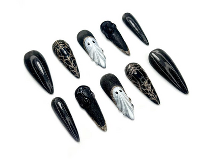 Midnight Phantom Press On Nails | Gothic Ghost Nail Art |Black Sparkle with 3D Ghost & Web Details | Handmade Long Coffin Press Ons |JC141EK