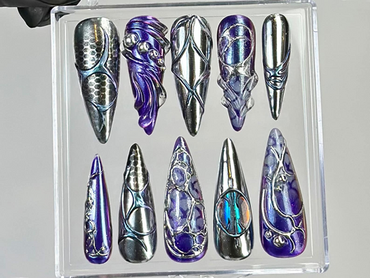 Gothic Chrome Press On Nails | Holographic Gothic Fake Nails | Metallic Stiletto Nail Art | Alternative Cyberpunk Nails | Y2k Nails |HC771YC