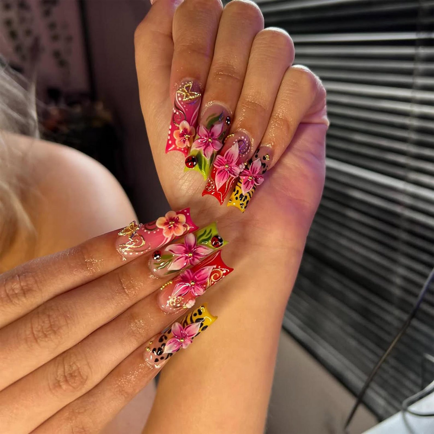 Tropical Floral Press On Nails | 3D Tropical Flowers Nail Art | Vibrant Ladybug Design Fake Nails | Bold Tropical Kawaii Nails | JB893HC