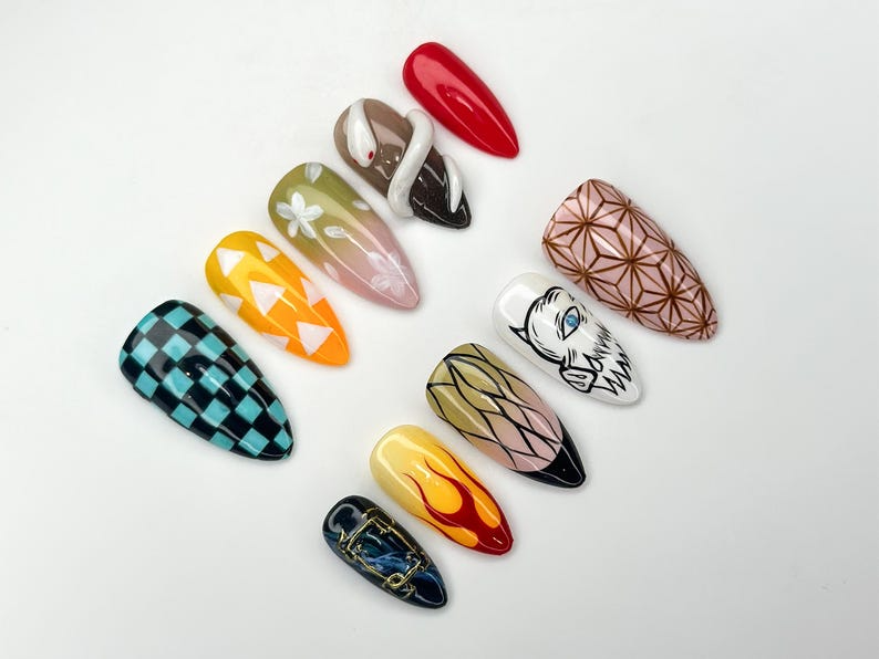 Demon Slayer Anime Press On Nails | Cosplay Character Nail Art | Flame Snake Nail Set | Caro Geometric Press Ons |JC1111BK