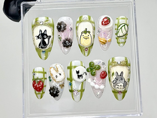 y Neighbor Totoro Press On Nails | Kawaii Ghibli Fake Nails | Totoro, Jiji, Soot Sprites Nail Art | Trendy Cartoon Kawaii Nails | HB909YC