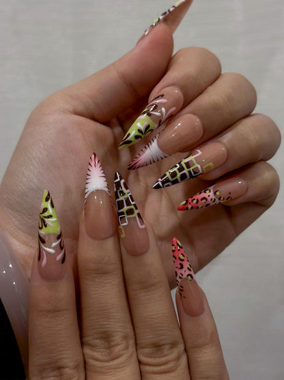 Modern Garden French Press On Nails | Playful Floral & Polka Dot Nails | Luxury Nude Base Press Ons | Playful Garden Nail Art | HC1273EC