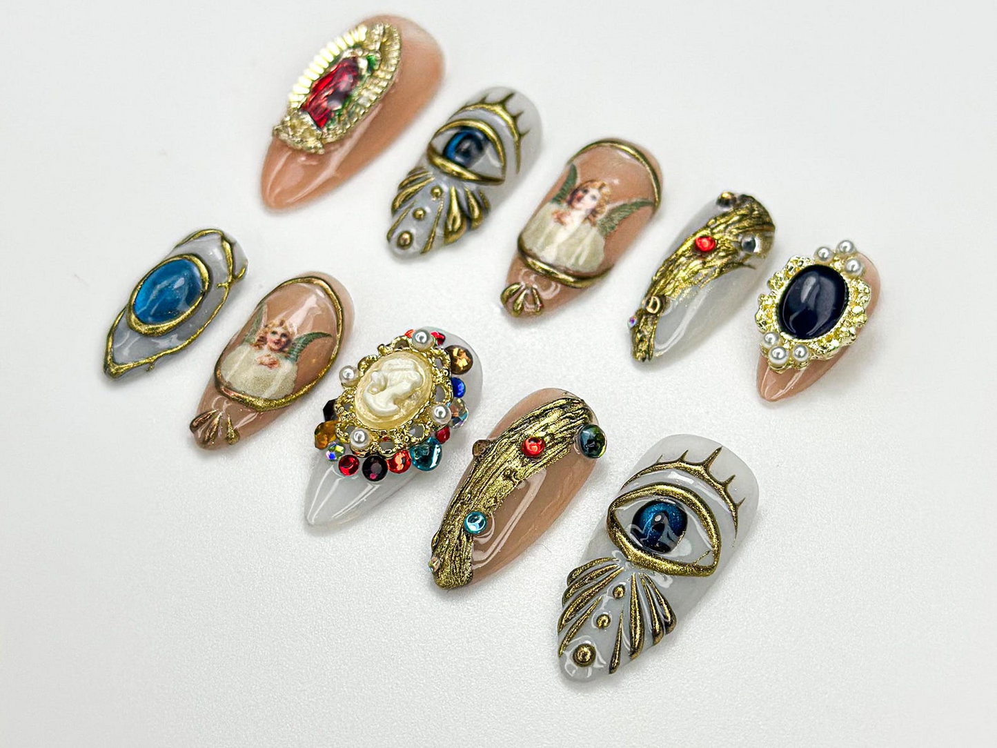 Vintage Religious Press On Nails | Angel Eye Nail Art | Baroque Religious Style Nail | Vintage Gemstone Nail | Statement Luxe Nail | JC924HK