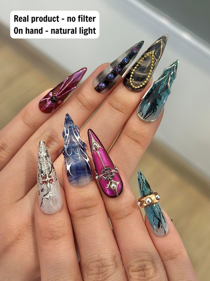 Artistic Gothic Press On Nails | Dark Marble Abstract Nails | Handmade Stiletto Nail Art | HB1268GC