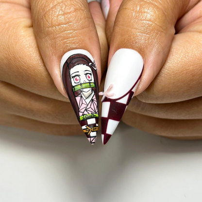 Nezuko Demon Slayer Press On Nails | Anime Cosplay Nail Art | Handmade Japanese Fake Nails |Kimetsu No Yaiba Press Ons |Kawaii Nails|DB705YC