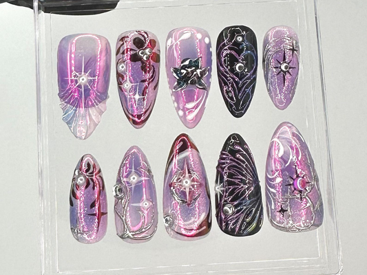 Purple Galaxy Fake Nails |Cosmic Purple Glitter Nail Art |Shiny Metallic Purple, Black Almond Nails |Rhinestone Purple False Nails | HB713YC