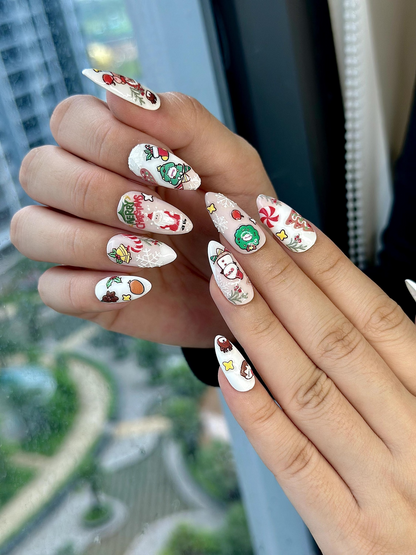 Merry Cartoon Christmas Press On Nails | Kawaii Christmas Nail Art | Festive Holiday Character Nails | White Winter Press Ons | JB222EC