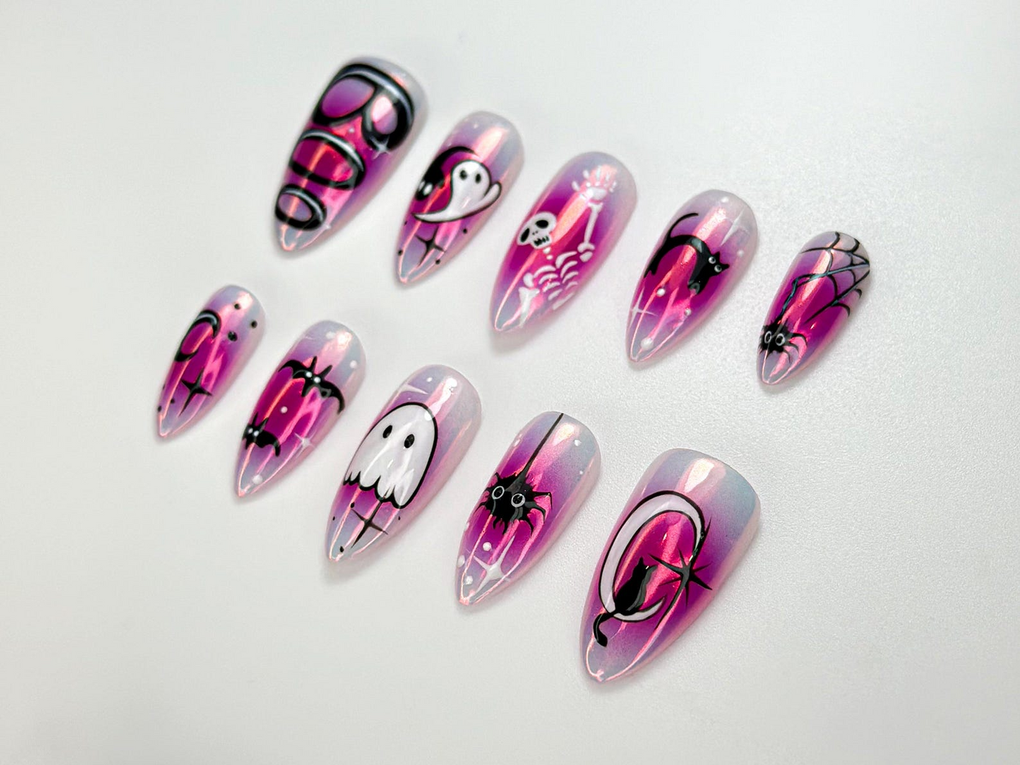 Cute Halloween Glow Press On Nails | Pink Spooky Ghost Nail Art | Glow in Dark Cat & Bat Nails | Adorable Halloween Press Ons | JC104HC