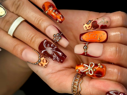 Fall Orange Leopard Press On Nails | Autumn Handmade Luxury Set | 3D Bow & Butterfly Nail Art | Fall Statement Design | HB1095EC